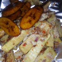 Yam into egg with plantain A picture of Yam into egg with plantain.