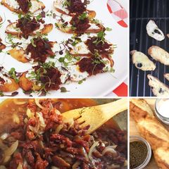 A picture of Grilled Crostini with Goat Cheese & Wagyu Beef Bacon Sun-dried Tomato Jam.