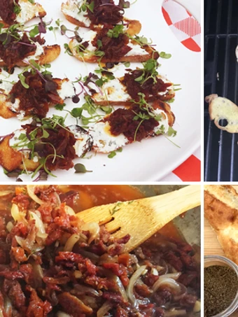 Easy Steps to Make Recipes Grilled Crostini with Goat Cheese &amp; Wagyu Beef Bacon Sun-dried Tomato Jam the Delicious Tasty.