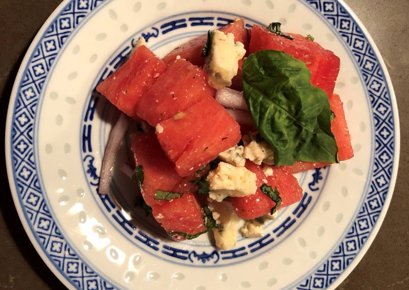 Watermelon, Gorgonzola, and Fresh Basil Salad with Columbia Restaurant 1905 Salad Dressing