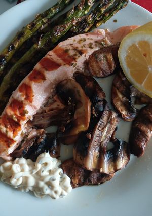 A picture of Grilled Salmon and Vegetables.