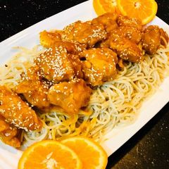 Orange chicken with noodles A picture of Orange chicken with noodles.