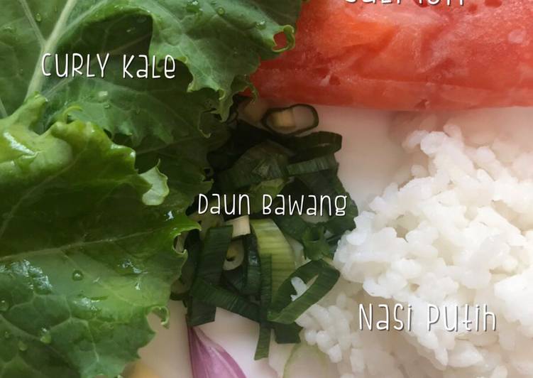 Curly Kale + Salmon + Bubur Nasi putih MPASI 6 bulan