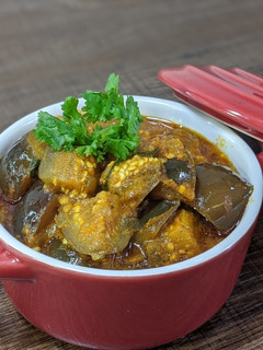 A picture of Eggplant curry/ Vangi Bhaaji/ Brinjal curry.