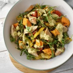 A picture of Lentil & Sausage Salad With A Creamy Pesto Dressing.