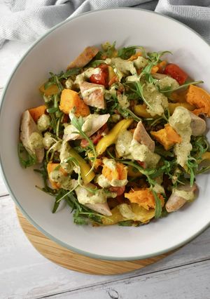 A picture of Lentil & Sausage Salad With A Creamy Pesto Dressing.