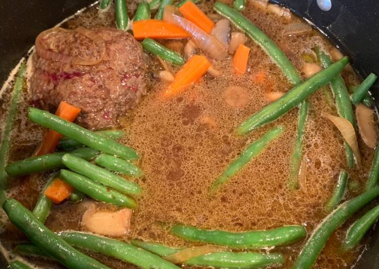 Steps to Make Ultimate Burger Steak with Mushrooms, Green Beans & Carrots