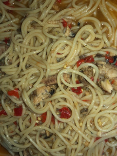 A picture of Sardines and spaghetti.