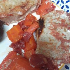 Tomatoes, Carrots, and White Peppered Porkloin A picture of Tomatoes, Carrots, and White Peppered Porkloin.
