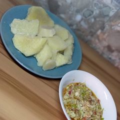 Boiled yam & egg in cabbage sauce A picture of Boiled yam & egg in cabbage sauce.