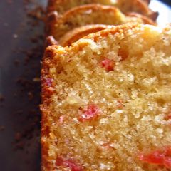 A picture of Eggless Glace Cherry Almond Cake.