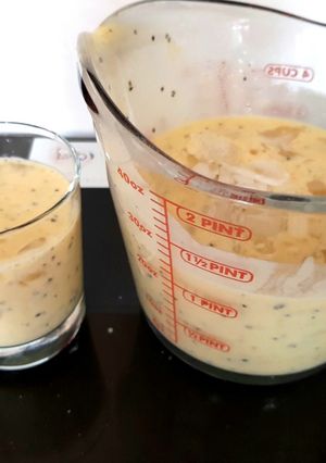 A picture of My Passionfruit & Mango Milk Shake and Crushed Ice.