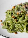 Spinach Fettuccine with Homemade Basil Pesto