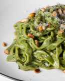 Spinach Fettuccine with Homemade Basil Pesto