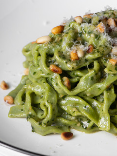 A picture of Spinach Fettuccine with Homemade Basil Pesto.