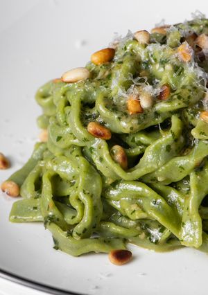 A picture of Spinach Fettuccine with Homemade Basil Pesto.