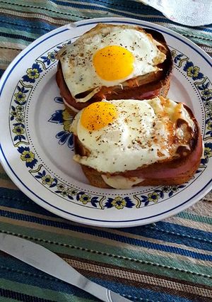 A picture of Ham and cheese gruyere croque madame.