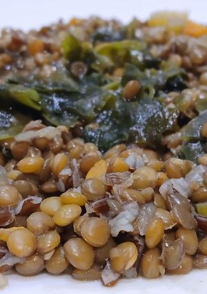Una foto de Estofado de Lentejas Pardinas con Bruma Marina de Wakame y Ensamblaje Vegetal
