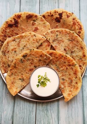 A picture of Tapioca and Potato Stuffed Paratha - A Fasting Delight.