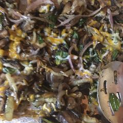 Sheet pan mushrooms onions and ramps A picture of Sheet pan mushrooms onions and ramps.