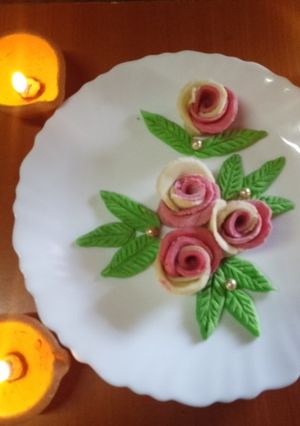 A picture of Diwali rose flower mithai (sweet) 🪔♥️🪔.