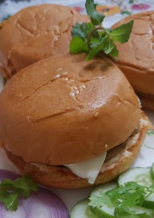 A picture of Chicken Cheese Shami Kabab burger Recipe |.