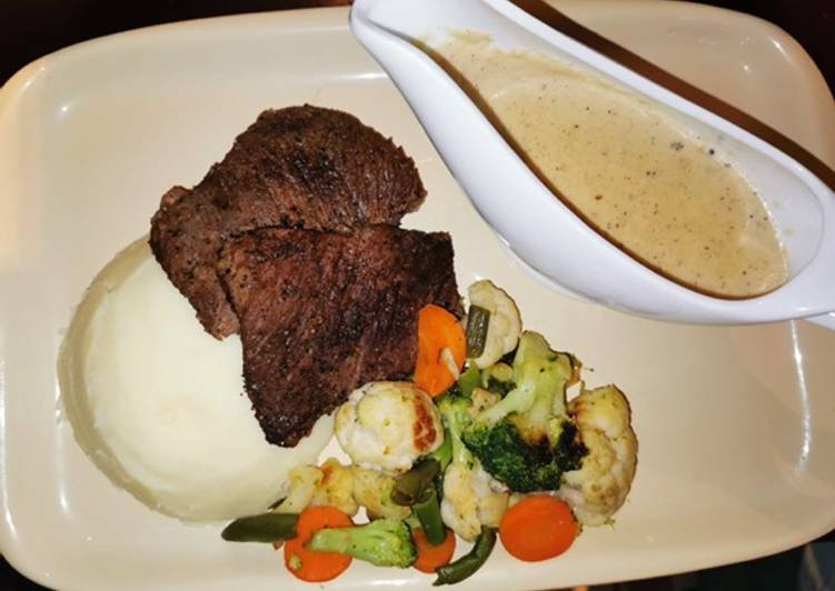 Step-by-Step Guide to Make Any-night-of-the-week Easy mash potato with steak, white sauce and mixed vegetables