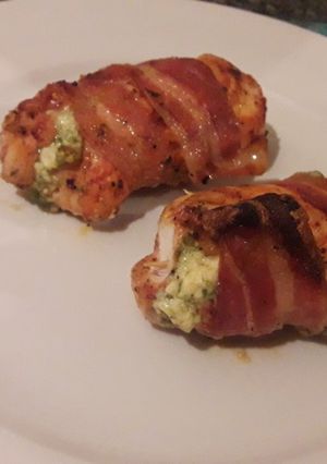A picture of Stuffed Chicken breast wrapped in Bacon.