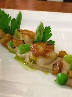 A picture of Caramelised scallops and a caramelised shallot puree with spring green.