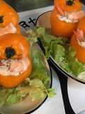 Tomates taiyo farcies à la brousse artisanale,crevettes sauvages et poivre frais