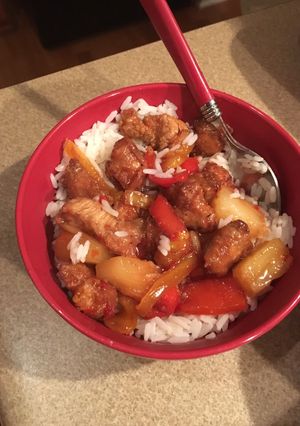 A picture of Sweet Chili Chicken Over Rice.