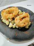 Coca de calamares dos texturas