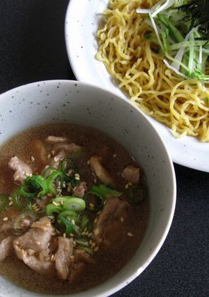 A picture of Cold Ramen Noodles With Pork Dipping Sauce.