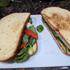 A picture of Caprese sandwich with pesto.
