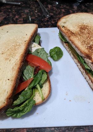 A picture of Caprese sandwich with pesto.
