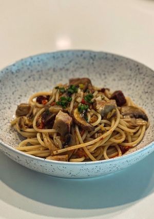 韓式泡菜叉燒義大利麵 的食譜成品照片