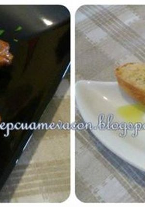 Hình của món SƯỜN NẤU NHO KHÔ, KEM KHOAI TÂY, BRUSCHETTE ALIO, SALAD.