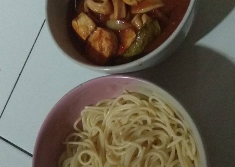 Resep Spaghetti with cumi tofu saos padang, Enak Banget
