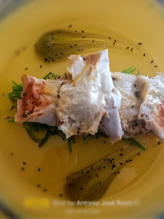Una foto de Canelón de bacalao desalado, con verduras y bechamel de mejillón