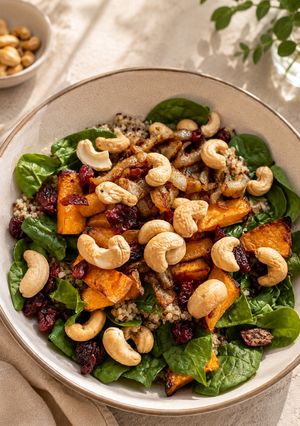 Foto principal de Ensalada de quinoa con arándanos secos, calabaza asada y cebolla caramelizada
