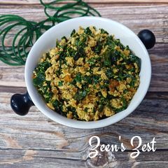 A picture of Anda Bhurji with Fresh Drumstick Leaves.
