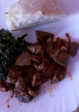 A picture of Fried Liver and managu with Ugali.