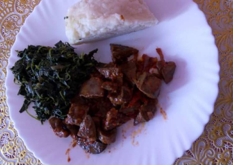 Fried Liver and managu with Ugali