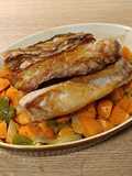 Lagarto a la plancha con guarnición de boniato encebollado al Jerez
