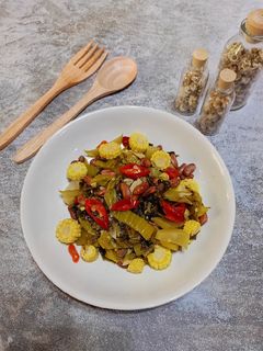 Foto resep Tumis sayur asin, kacang merah dan putren