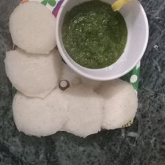 A picture of Idli with Green chutney.