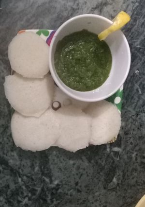 A picture of Idli with Green chutney.