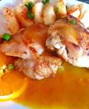Muslo corto de pollo con salsa de naranja y papas. 🍊