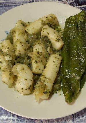 A picture of Squid Strips with Garlic and Parsley.