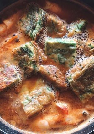 A picture of Thai Sour Curry Recipe •Climbing Wattle Omelette and Shrimps •Gaeng Som Chaom Goong.